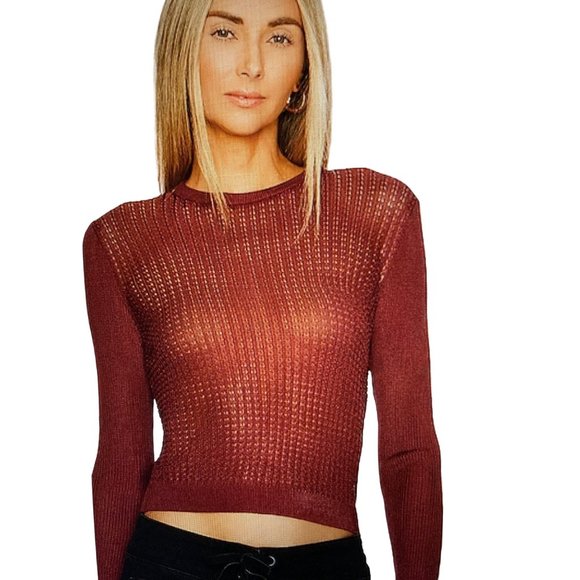 Free People H2O Sheer Knit Top Size Crewneck Pullover Long Sleeve Garnet Large - Picture 2 of 9